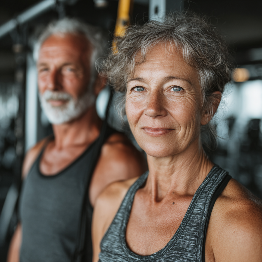 Gruppo di persone mature che si allena con gioia